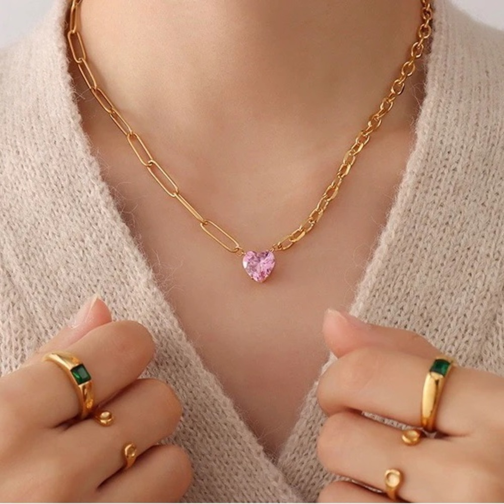 18K Gold Plated Paperclip Chain Necklace*Heart Necklace*Pink Zircon*Tourmaline